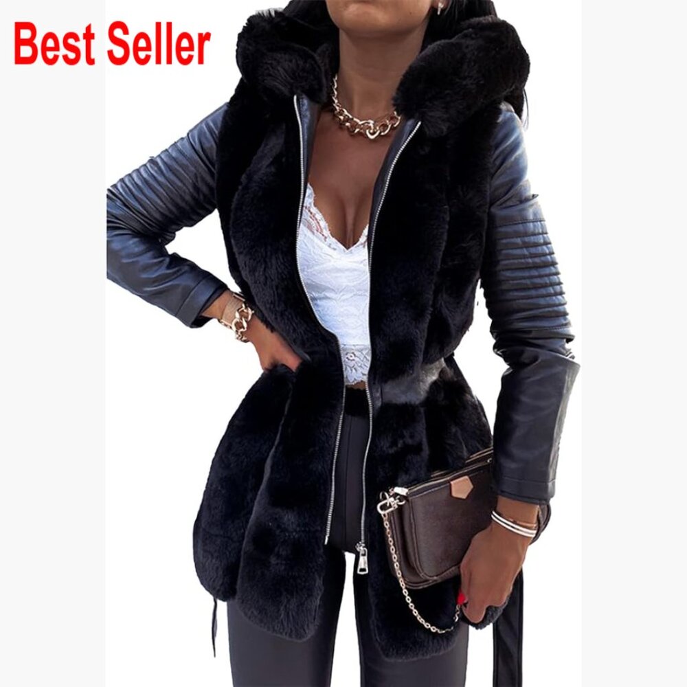 Faux Leather Faux Fur Lined Hooded Parka Coat With Belt
